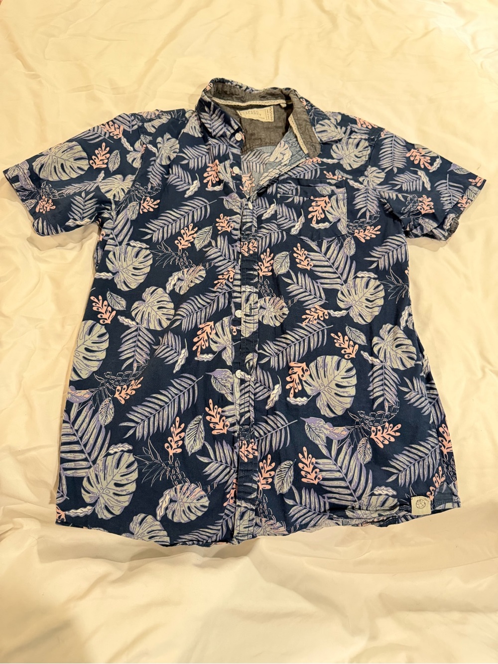 Free Planet Navy Blue Short-Sleeve Tropical Leaf Print Shirt